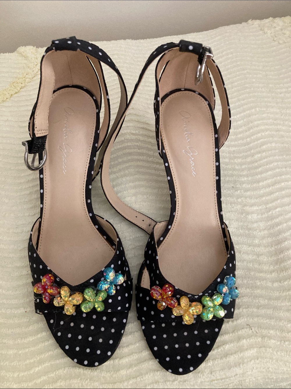 Polka Dot Ankle-Strap Heels with Multicolor Crystal Flowers - Black